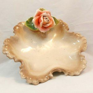 Vintage Porcelain Leaf Shape Dish w/Applied Rose Capodimonte Style 8"